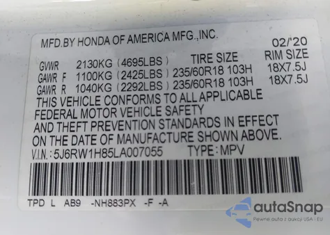 2020 Honda Cr-V 2Wd Ex-L from USA, damaged, VIN 5J6RW1H85LA007055